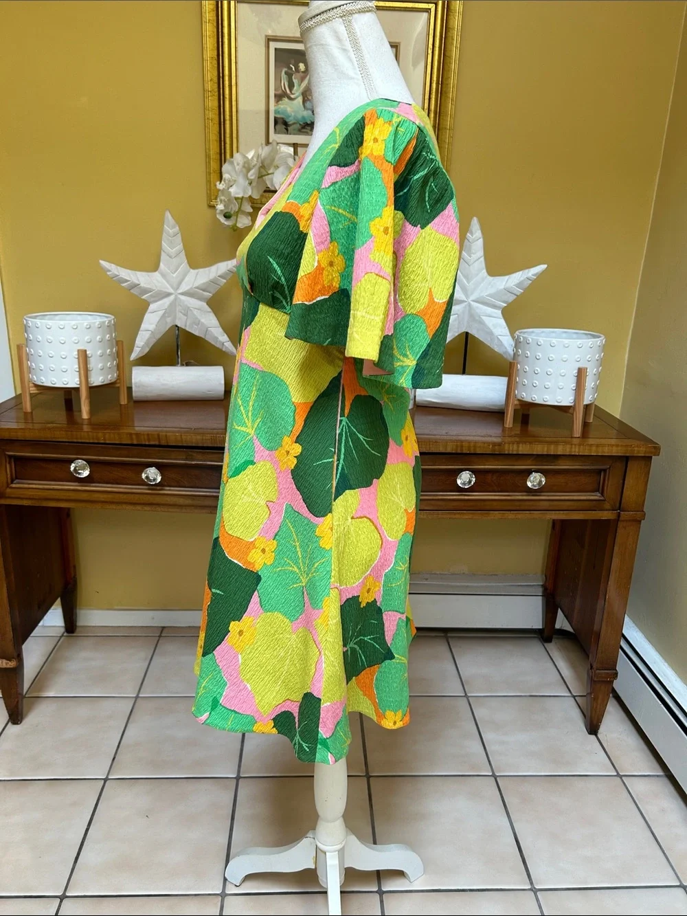 Kate Spade New York Cucumber Floral Pink Green V Neck Flutter Sleeve Mini Dress